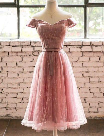 Trendy Short Sleeves A-Line Off-the-Shoulder Tea-Length Homecoming Dress UK