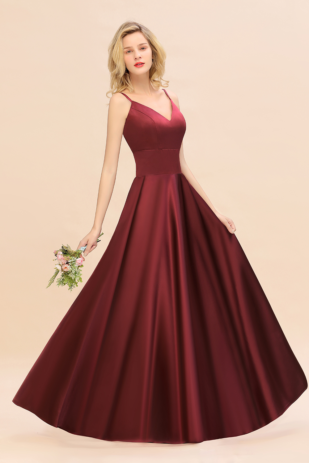 Spaghetti Straps Burgundy Satin Long Bridesmaid Dress Simple V-Neck Party Dress