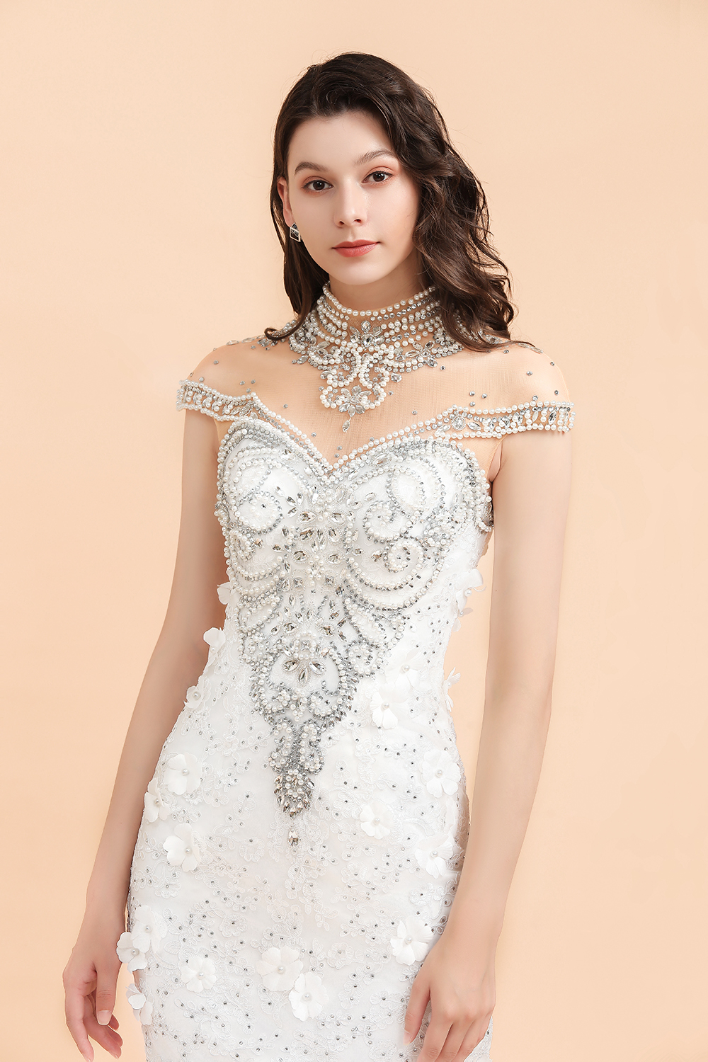 Luxurious High neck Mermaid Silver Beaded White Wedding Dress