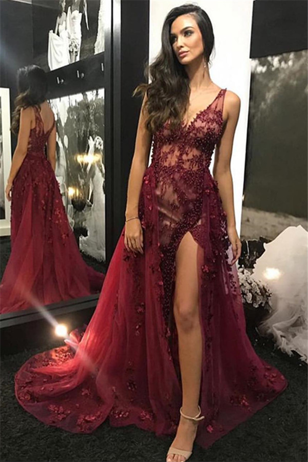 Trendy Burgundy Maroon Straps Alluring V-Neck Lace Beading Side-Split Tulle Detachable A-Line Evening Dress UK UK