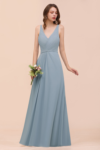 Elegant V-Neck Dusty Blue Chiffon Bridesmaid Dress Sleeveless Floor Length Wedding Guest Dress