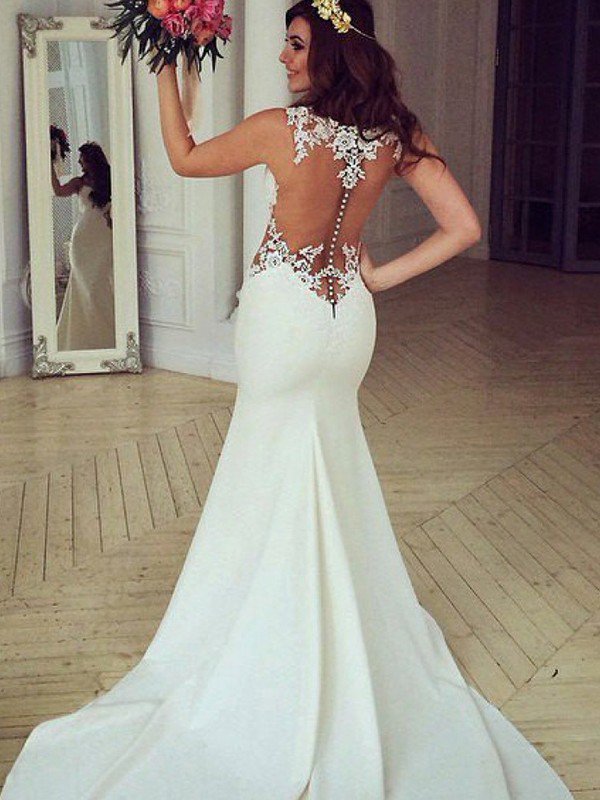 Sexy Mermaid Sweep Train Applique Lace Sleeveless Scoop Neckline Wedding Dresses UK