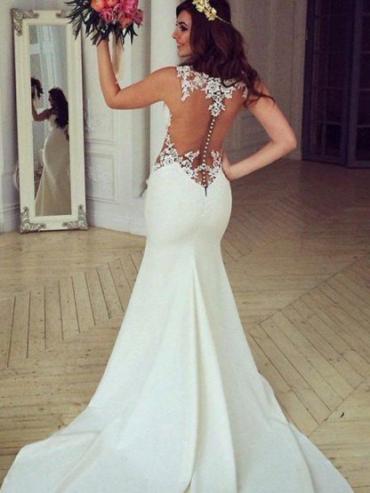 Sexy Mermaid Sweep Train Applique Lace Sleeveless Scoop Neckline Wedding Dresses UK