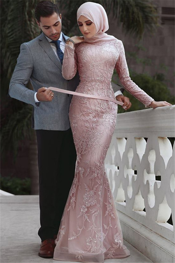 Sweet Pink Detachable Long-Sleeves Prom Dress UKes UK UK | Sexy Lace Appliques Lace Elegant Trumpt Evening Dress UKes UK
