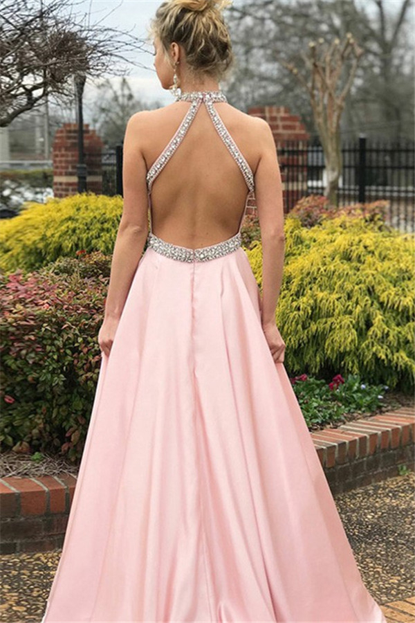Sexy Pink Halter Crystal Open Back Prom Dress UKes UK Sleeveless Ruffles Elegant Evening Dress UKes UK with Sash