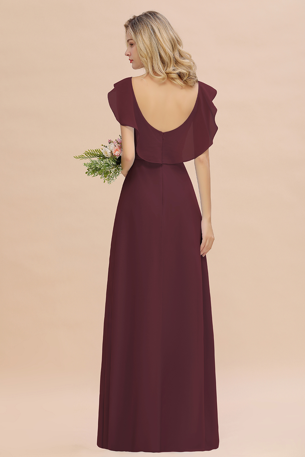 V-Neck A-line Bridesmaid Dress Chiffon Long Wedding Party Dress with Split