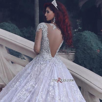 Glamorous Muslim Lace Beads Sheer Cathedral-Train Crystal Vintage Wedding Dress BA6920