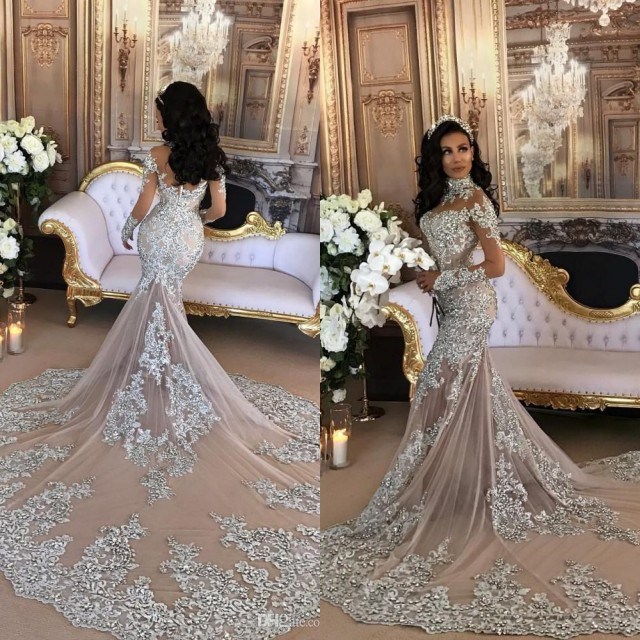 Silver Glamorous Lace Long-Sleeve Sexy Mermaid High-Neck Wedding Dresses UK BH-362-27Dress.co.uk
