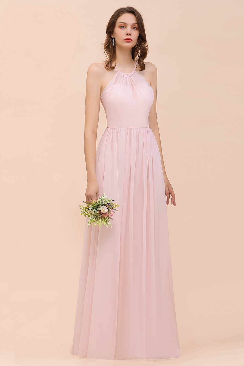 Halter Pink Bridesmaid Dress Simple Chiffon Long Wedding Guest Dress