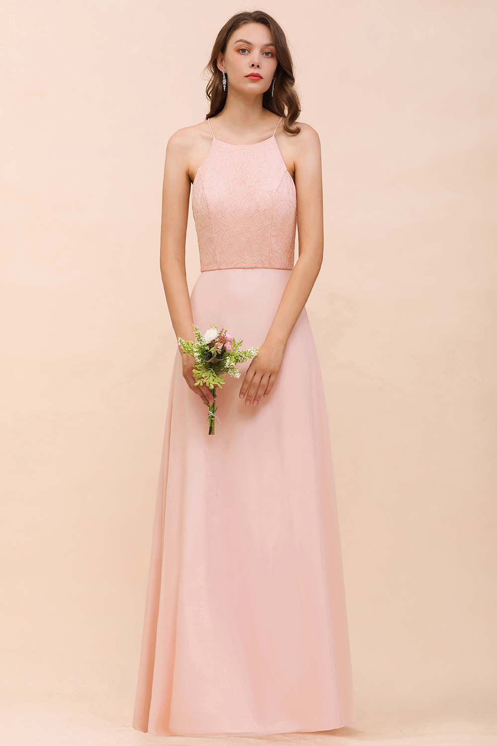 Chic Halter Pink Long Bridesmaid Dress Simple Evening Dress for Women