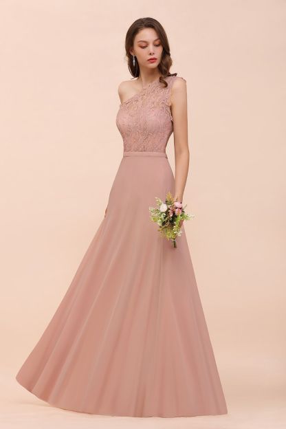 One Shoulder Dusty Pink Lace Chiffon Bridesmaid Dresses