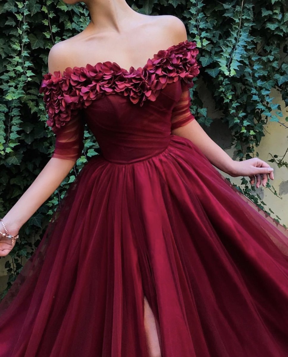 Burgundy Maroon A-line Off The Shoulder Tulle Flower Applique Prom Dress UKes UK UK