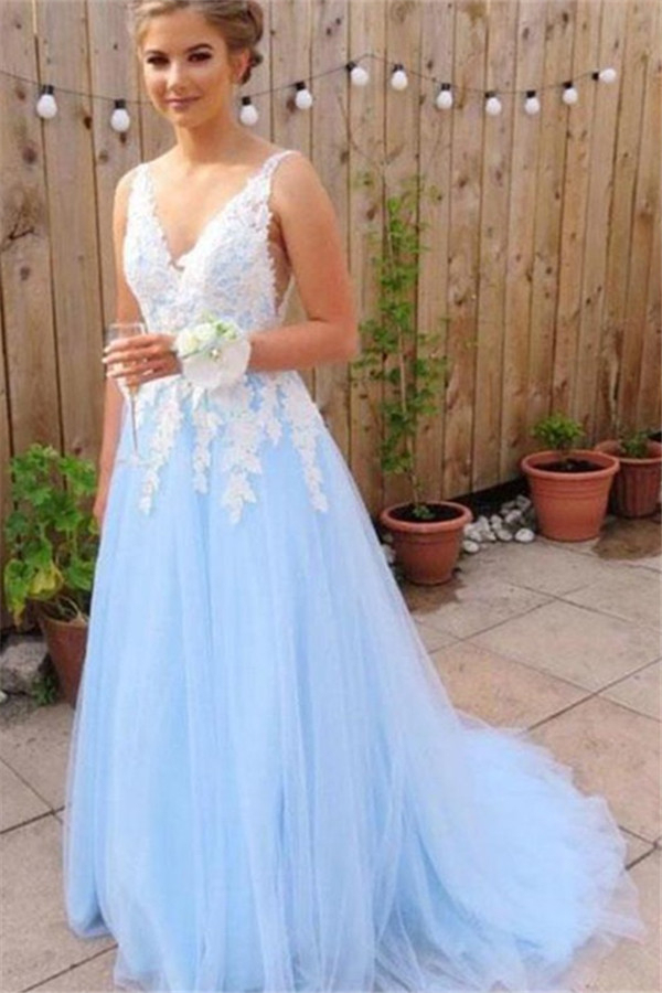 Sexy Elegant V-Neck Lace Appliques Open Back Prom Dress UKes UK Tulle Sexy Sleeveless Evening Dress UKes UK