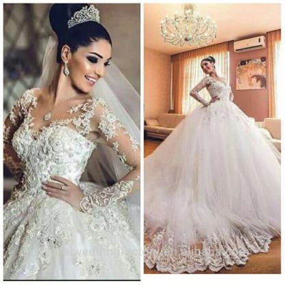 Delicate Lace Appliques Ball Gown Wedding Dress Long Sleeve Tulle
