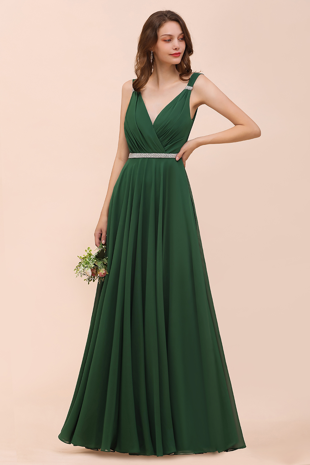 Elegant Ruffle Chiffon Bridesmaid Dress V-Neck Straps Evening Wear Dress for Bride