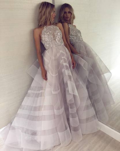 Sexy A-line Appliques Halter Sleeveless Long Length Prom Dress UK