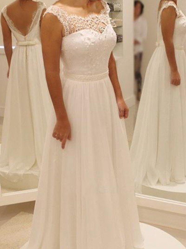 Bowknot Sweep Train Lace Scoop Neckline A-Line Sleeveless Wedding Dresses UK-27Dress.co.uk