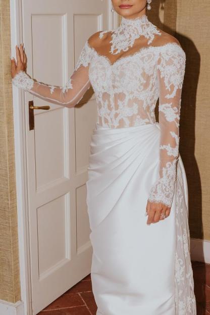 High-neck Appliques Lace Chapel Train A-Line Wedding Dresses Long Sleeve