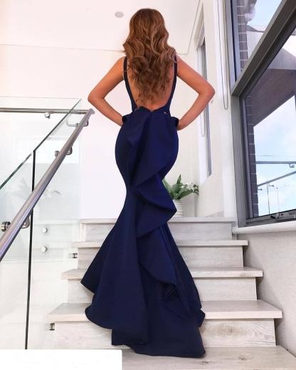 Elegant V-Neck Sleeveless Backless Mermaid Court Train Elegant Evening Dress UKes UK