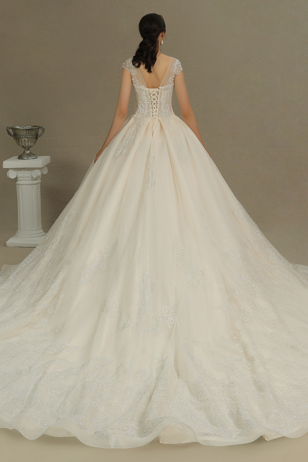 Cap Sleeve Aline Cathedral wedding dress Tulle Lace Appliques Garden Bridal Gown