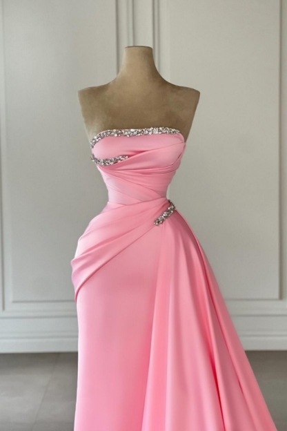 Strapless Pink Ruched Satin Floor Length Evening Party Dress Glitter