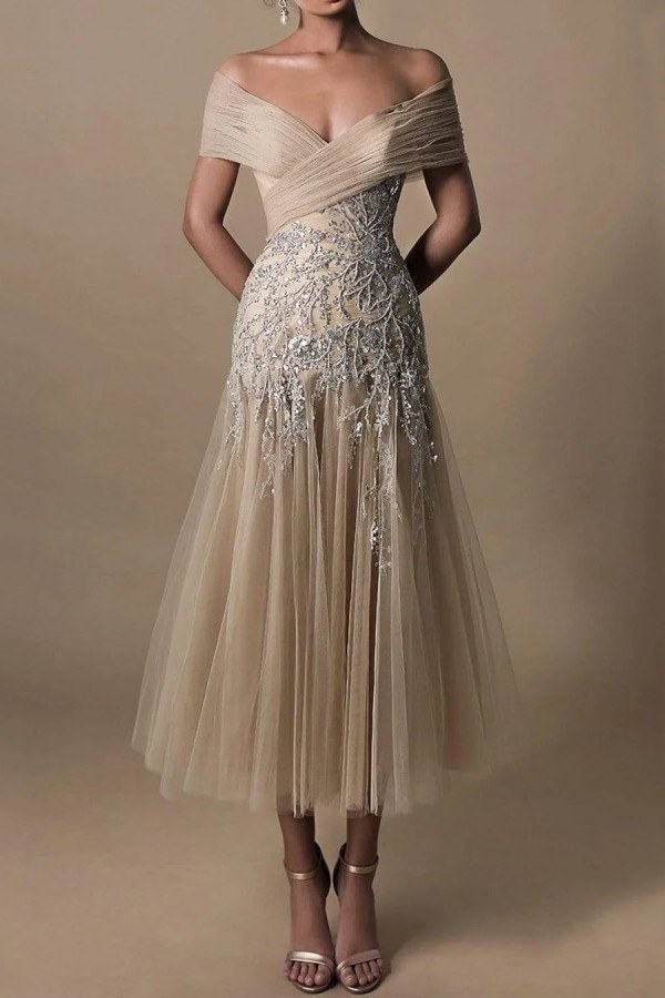Off-the-Shoulder Tulle Ankle Length Wedding Dress with Beadings Appliques-27Dress.co.uk