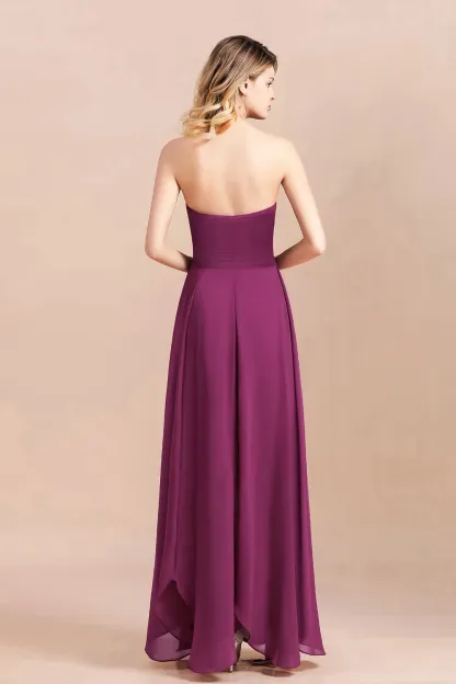 Strapless Orchid Ruched Chiffon Bridesmaid Dress Backless Ankle Length Wedding Party Dress