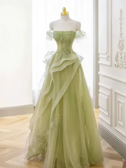 Off-the-Shoulder Beaded Appliques Tulle Long A-Line Evening Dress