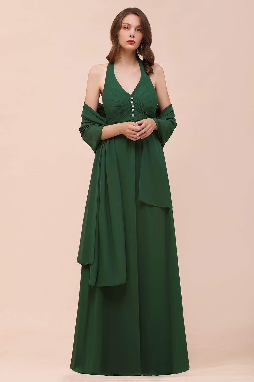 Dark Green Halter Ruched Chiffon Beadings Long Bridesmaid Dresses with Shawl