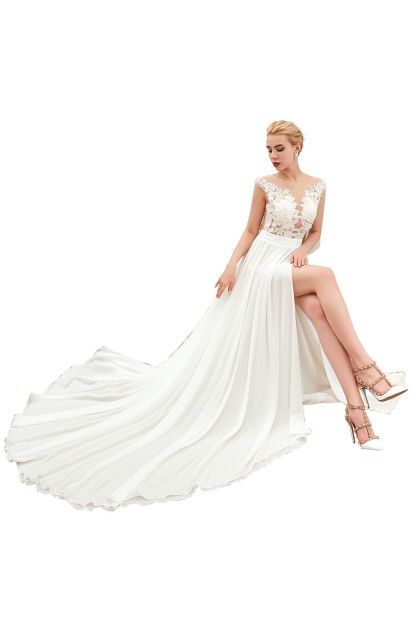 High split Cap Sleeve Wedding Dress with see-through Back-27Dress.co.uk