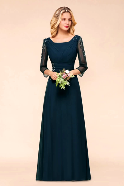 3/4 Sleeves Ruffle Beadings Navy Bridesmaid Dress Long