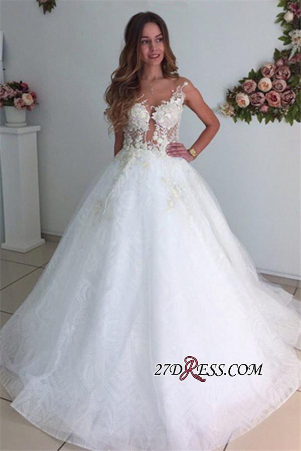 A-Line Beach Court-Train White Lace Tulle Appliques Wedding Dresses UK