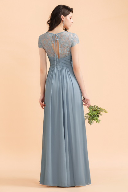 Elegant Short Sleeve Lace Chiffon Bridesmaid Dress Dusty Blue Formal Dress