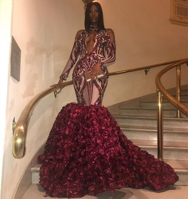 Elegant Burgundy Maroon High Neck Long Sleeves Flower Applique Elegant Mermaid Prom Dress UKes UK UK