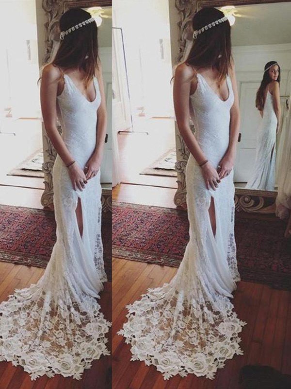 Straps Sheath Court Train Lace Sleeveless Wedding Dresses UK