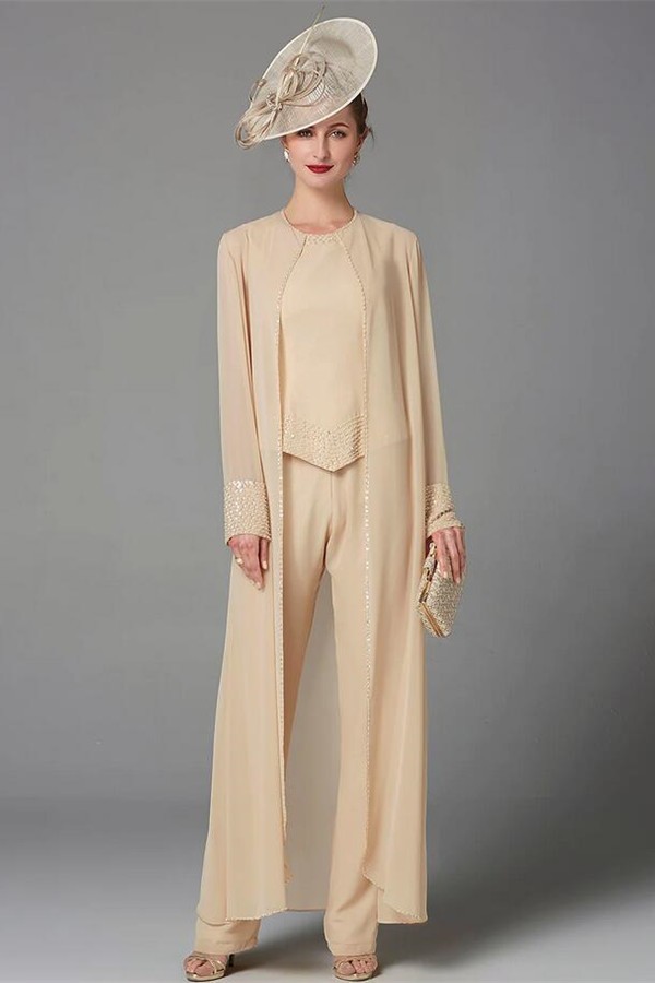 Plus Size Jumpsuit 3 Piece Mother of the Bride Dress Elegant Wrap Included Bateau Neck Floor Length Chiffon Sleeveless with Beading Appliques