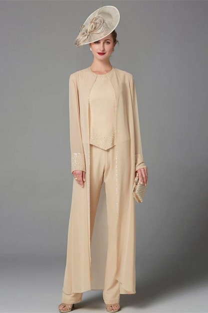 Plus Size Jumpsuit 3 Piece Mother of the Bride Dress Elegant Wrap Included Bateau Neck Floor Length Chiffon Sleeveless with Beading Appliques