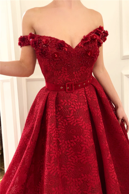 Off The Shoulder Ruby Lace Sexy Evening Dress | Beaded Appliques Flowers Prom Dresses UK