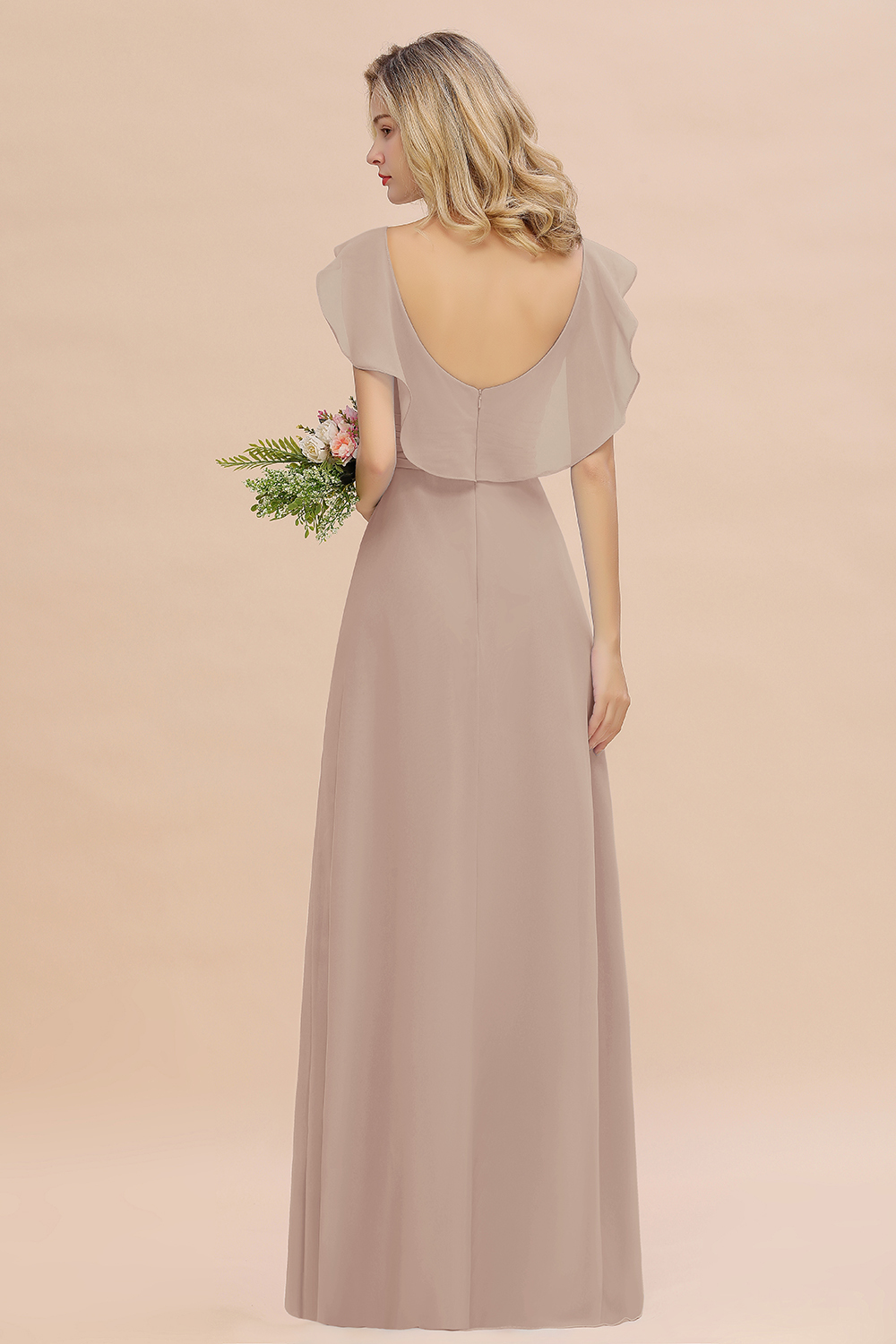 V-Neck A-line Bridesmaid Dress Chiffon Long Wedding Party Dress with Split