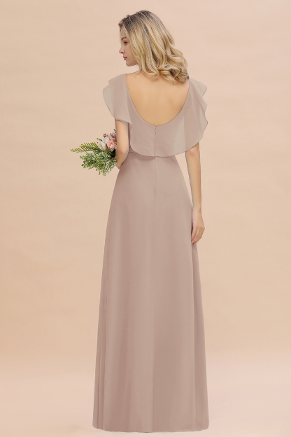 V-Neck A-line Bridesmaid Dress Chiffon Long Wedding Party Dress with Split