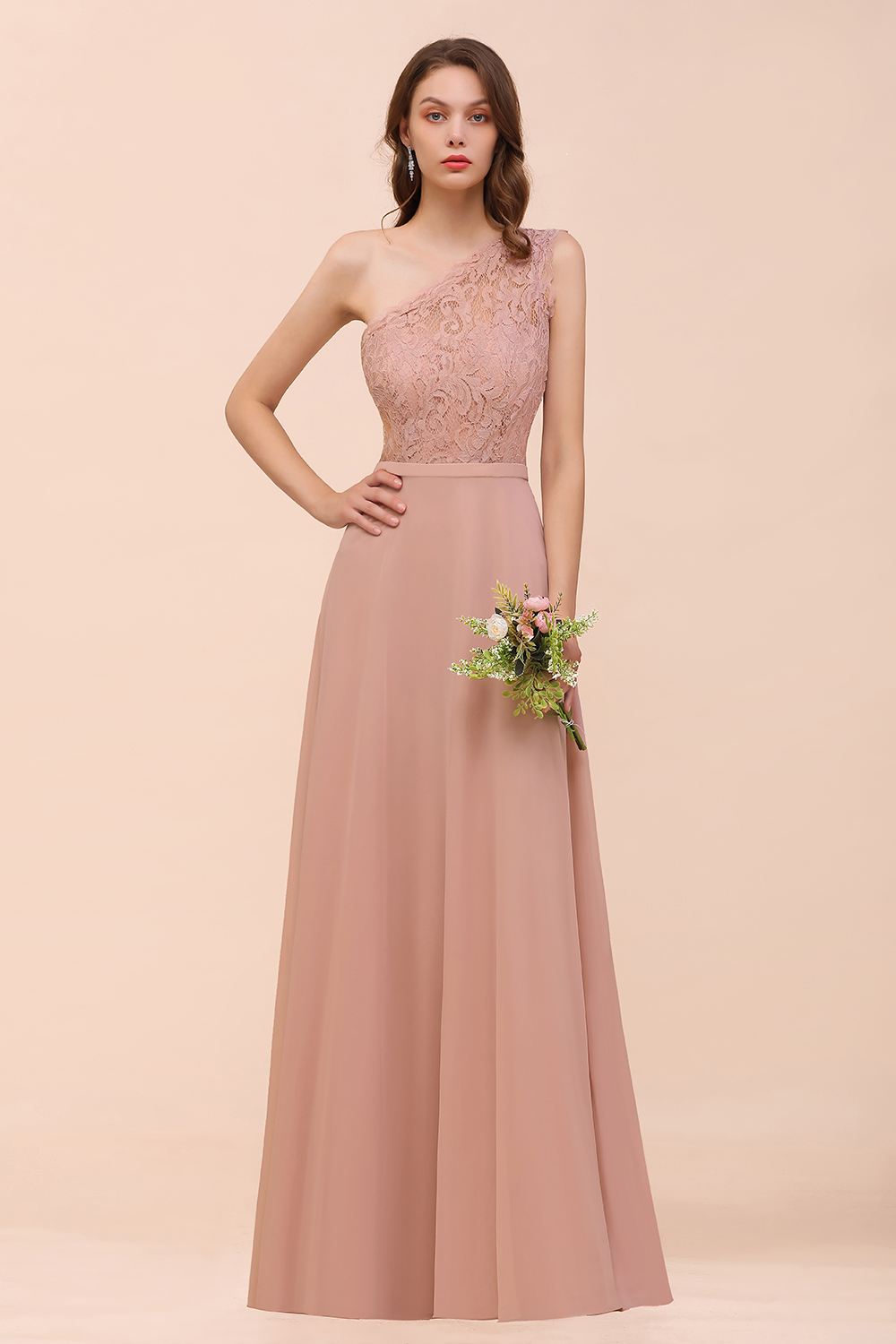 One Shoulder Dusty Pink Lace Chiffon Bridesmaid Dresses