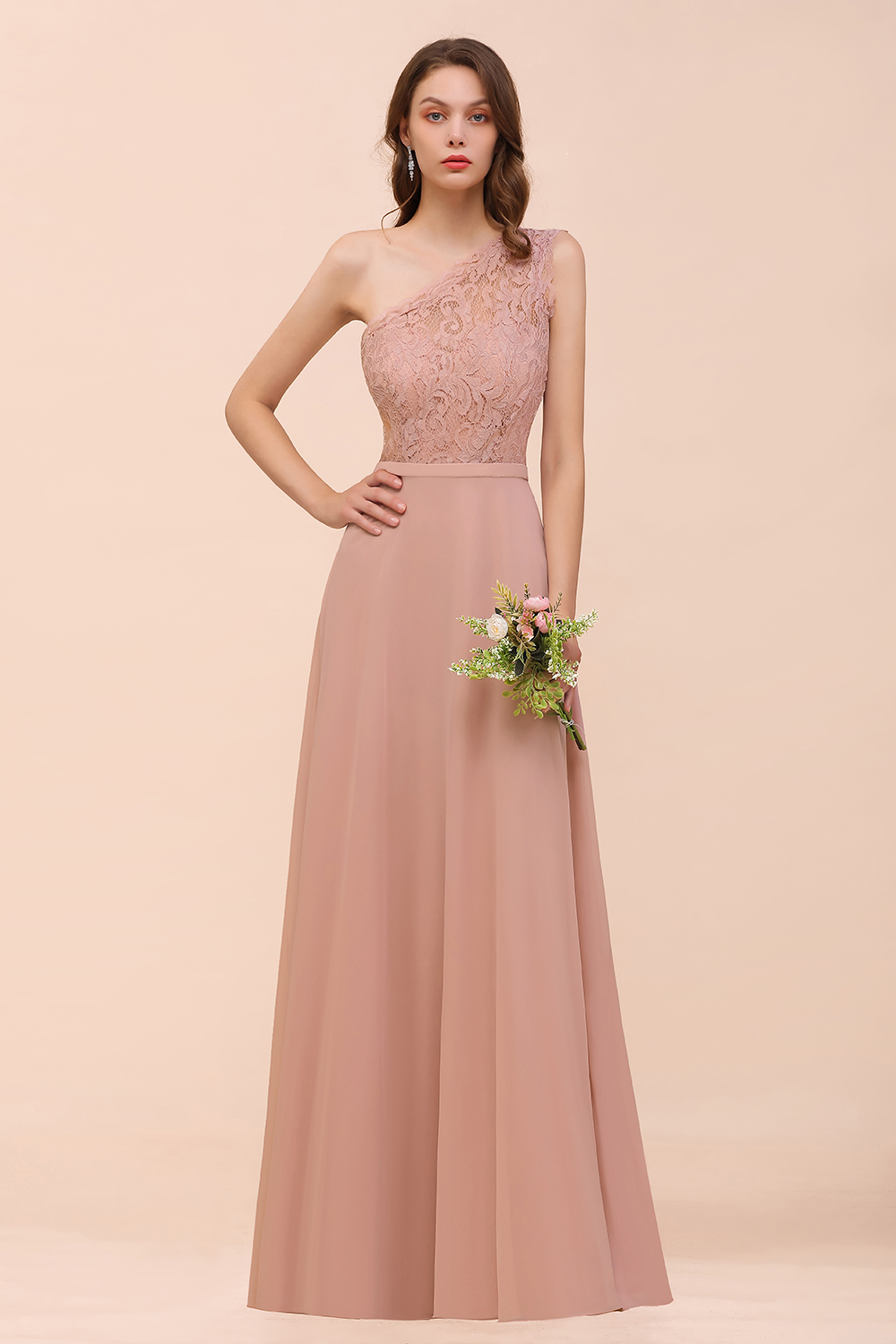 One Shoulder Dusty Pink Lace Chiffon Bridesmaid Dresses