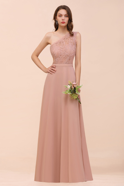 One Shoulder Dusty Pink Lace Chiffon Bridesmaid Dresses