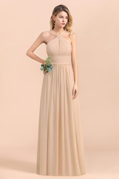 Gorgeous Halter Ruffle Chiffon Champagne Bridesmaid Dress Floor Length Wedding Party Dress