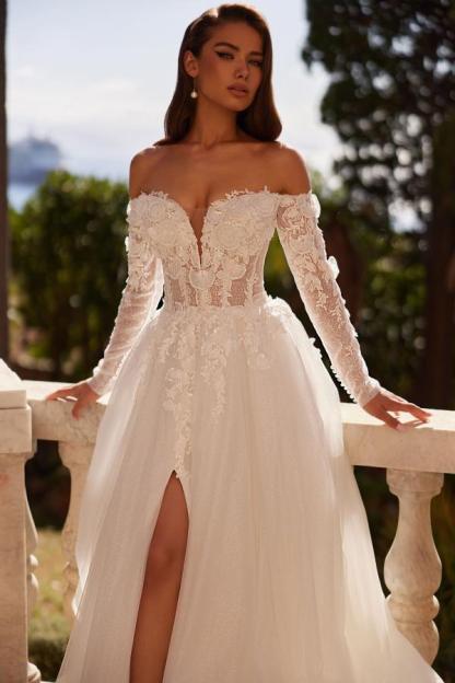 Elegant High-Split A-Line Church Dress Simple Off-Shoulder Tulle Lace Floor-Length Wedding Dress-27Dress.co.uk