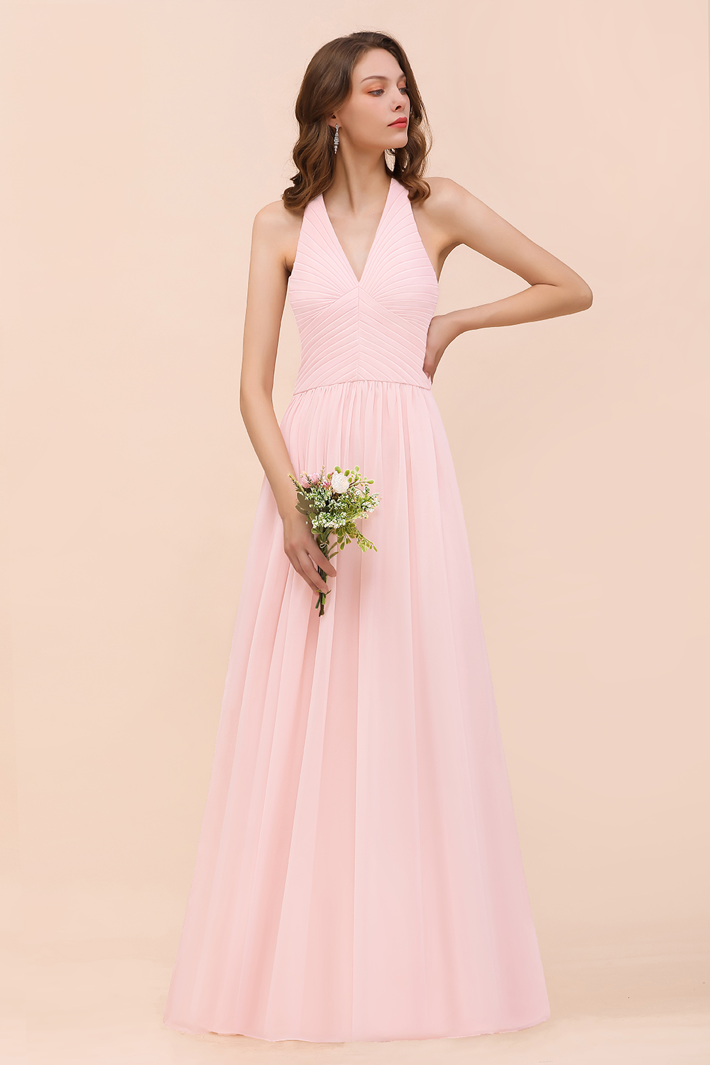 Chic V-Neck Blushing Pink Ruched Chiffon Simple Bridesmaid Dress