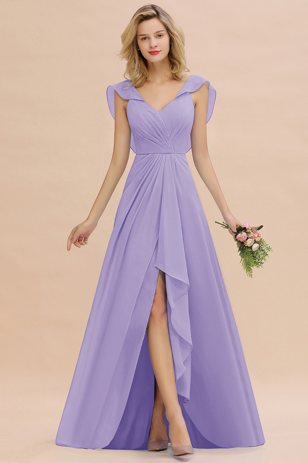 V-Neck A-line Bridesmaid Dress Chiffon Long Wedding Party Dress with Split