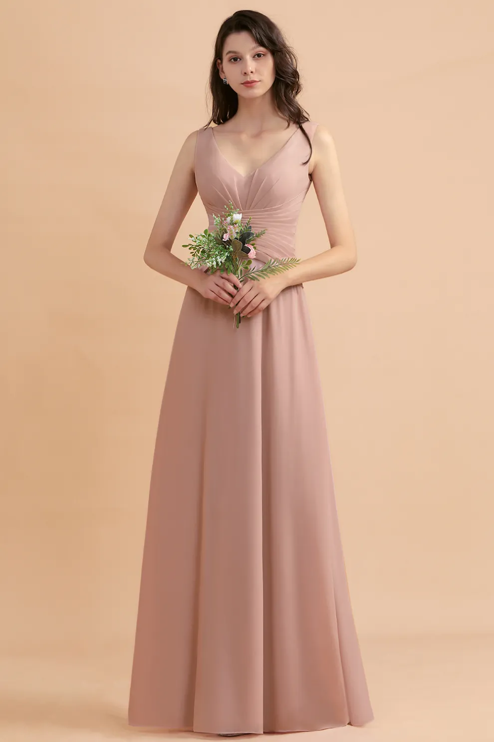 Beautiful Dusty Pink V-Neck Chiffon Bridesmaid Dress
