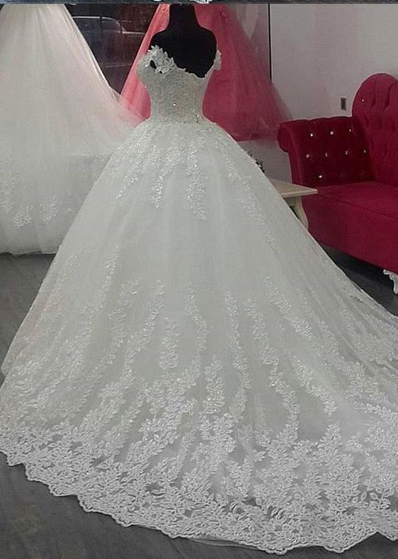 Short Sleeve A-Line Applique Lace Off-the-Shoulder Wedding Dress