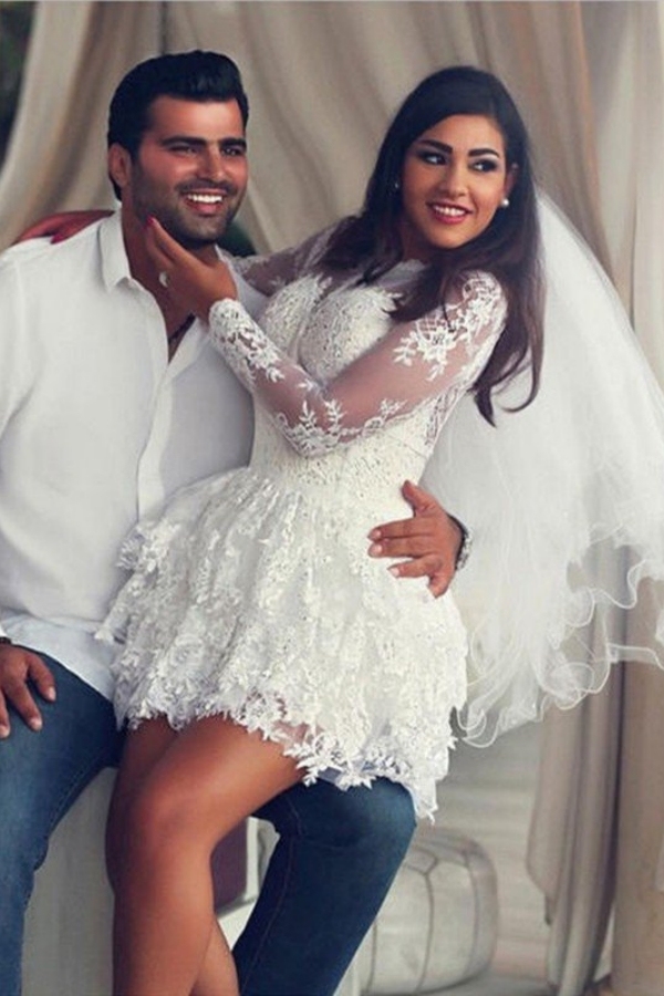Mini A-Line Long Sleeves Scoop Neckline Applique Lace Wedding Dresses UK